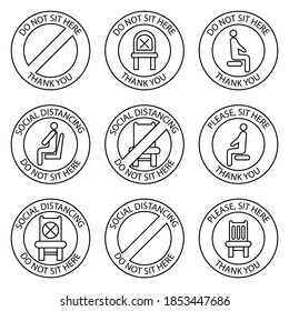 Do not sit, signs. Forbidden icons for seat. Safe social distancing when sitting in a public chair, outline icons. Lockdown rule. Keep your distance when you are sitting. Forbidden chair. Vector