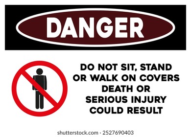 Do not sit stand or walk on covers death or serious injury could result warning sign safety sticker