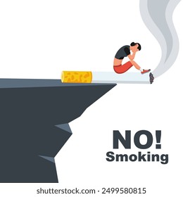 No fume. Prohibir fumar cigarrillos. Mujer se sienta encima del abismo en un cigarrillo en llamas. Vete a la muerte. Diseño plano de Vector. Adicción al problema. Aislado sobre fondo blanco.