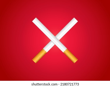 Do not smoke, realistic red poster. Cigarettes lines, stop smoking sign. Tobacco ban logo. Law smoker symbol. Addiction vector illustration. Bad habit 3D icon. Anti tobacco day sign
