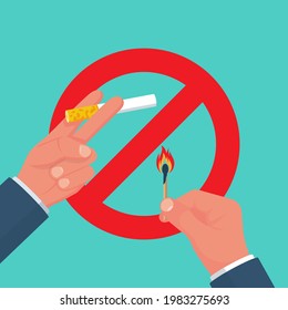 Do not smoke. Red sign prohibiting smoking cigarettes. Bribeing cigarettes. Restriction in a public place. Space for smoking. Vector illustration flat design. Isolated on white background.