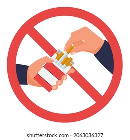 No fumes. Cartel rojo que prohíbe fumar cigarrillos. Un hombre saca un cigarrillo con un paquete. Restricción en un lugar público. Diseño plano de ilustración vectorial. Aislado sobre fondo blanco.