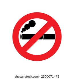 Rauchen Sie nicht. Rotes Schild, das das Rauchen von Zigaretten verbietet. Schwarze Silhouette einer Zigarette mit Rauch. Beschränkung an einem öffentlichen Ort. Flaches Design, Vektorgrafik. Einzeln auf weißem Hintergrund.