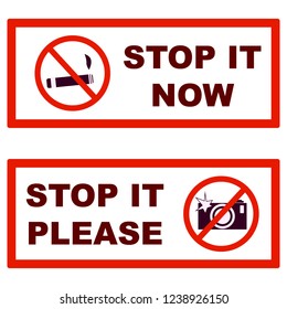 Do not smoke, do not take pictures - large, prohibiting, rectangular plates for cafes, shops and public places. Red stop sign in frame