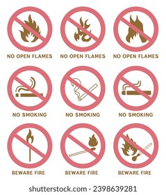 Do not smoke or use open flames. Signs open source of ignition and no smoking signs. EPS 10.