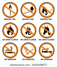 Do not smoke or use open flames. Signs open source of ignition and no smoking signs. EPS 10.
