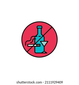 Do not smoking and drink line, glyph, filed, color icon. linear style sign for mobile concept and web design. No alcohol and cigarettes vector icon. Healthcare symbol, illustration. Vector graphics