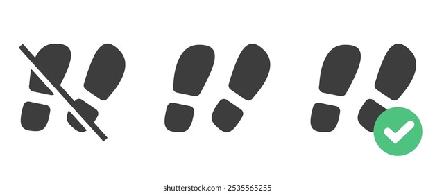 Não fique aqui vetor de sinal de ícone, não passo permitido símbolo simples pictograma gráfico estilo sólido, etiqueta de forma de silhueta do pé, sapatos footstep proibido imagem clip art set