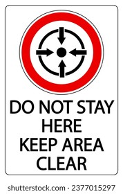Do not  stay here, keep area clear. Prohibition sign with symbols and text.