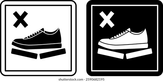 Do Not Step Icons. Labels for Cardboard Packaging. Warning Symbol, Handle with Care. Shoe Standing on Fragile Item. Illustration on White and Black Background.