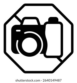 Do not take photos solid icon, city museum concept. Vector graphics. Photo camera forbidden, photography sign on white background, style mobile or design