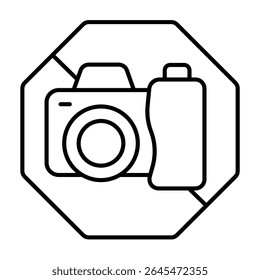 Não tire fotos ícone de linha fina, conceito de museu da cidade. Gráficos vetoriais. Câmera fotográfica proibida, sinal de fotografia no fundo branco, estilo móvel ou design