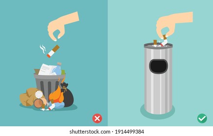 Do not throw cigarette butts on the floor,wrong and right.vector illustration