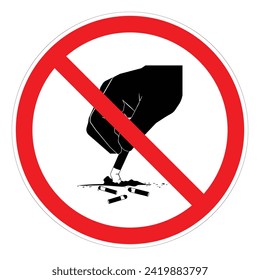 Do not throw cigarette butts on the floor, Red circle, White background, A black hand held a cigarette in the middle.