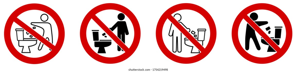 Do Not Throw Or Flush Rubbish In Toilet Icon. Simple Man Silhouette Throwing Stuff Into Bowl, Red Crossed Circle Around