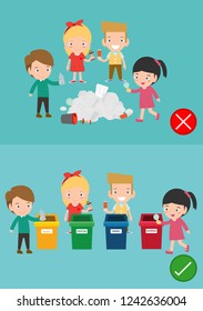 Do not throw littering butts on the floor,wrong and right, female character that tells you the correct behavior to recycle.vector illustration