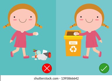 Werfen Sie keine Wurfstühlen auf den Boden, falsch und rechts, weibliche Figur, die Ihnen das richtige Verhalten zu recyceln.Vektorgrafik sagt