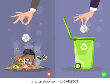 Do not throw littering butts on the floor,wrong and right. Vector illustration.