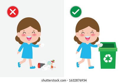 Do Not Throw Littering Butts On The Floor,wrong And Right, Female Character That Tells You The Correct Behavior To Recycle.vector Illustration