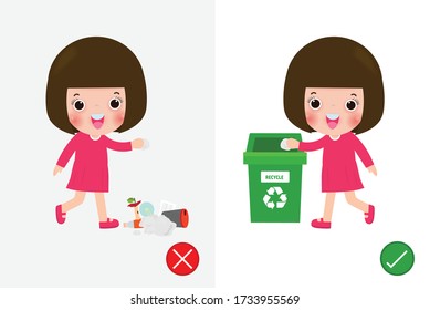 Do not throw littering butts on the floor,wrong and right, female character that tells you the correct behavior to recycle. background vector illustration
