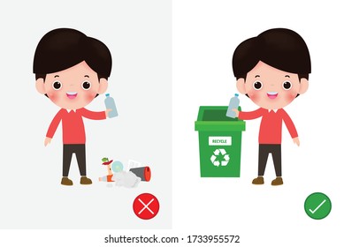 Do not throw littering butts on the floor,wrong and right, male character that tells you the correct behavior to recycle. background vector illustration