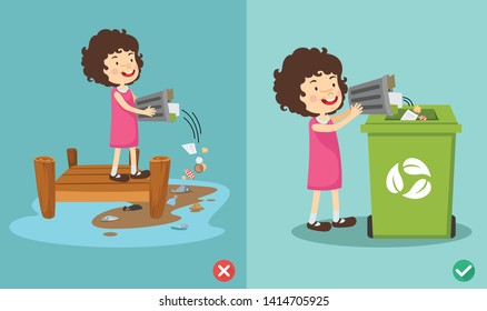 Do not throw littering on the river,wrong and right.vector illustration