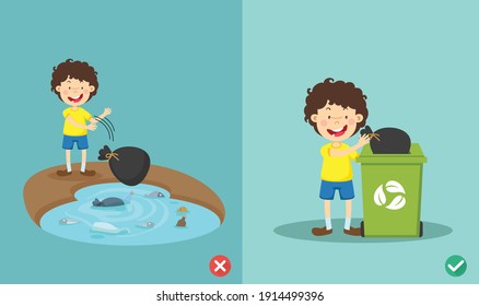 Do not throw littering on the river,wrong and right.vector illustration