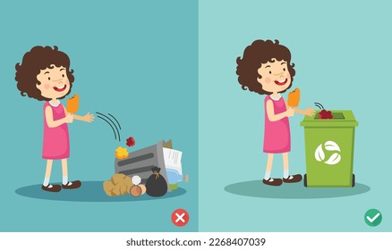 Do not throw littering on the floor.wrong and right.vector illustration