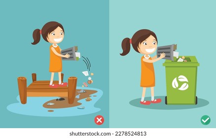 Do not throw littering on the floor.wrong and right.vector illustration