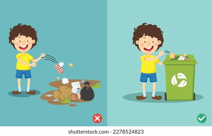 Do not throw littering on the floor.wrong and right.vector illustration