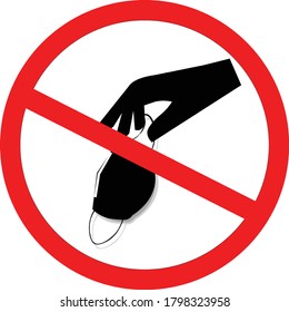 Do not throw mask here sign. Do not drop off mask sign. Prohibition sign. Black forbidden symbol in red round shape. do not drop mask here