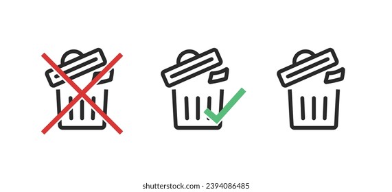 Do not throw trash bin line outline art vector icon graphic set simple pictogram, hazardous forbidden dumpster garbage sign, permitted approves allowed dustbin image clipart