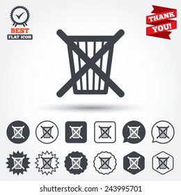 Do not throw in trash. Recycle bin sign icon. Circle, star, speech bubble and square buttons. Award medal with check mark. Thank you. Vector