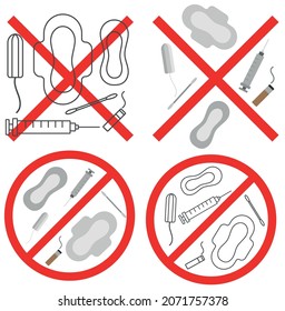 Do Not Throw Trash, Tampon, Pads, Syringe, Cigarette Stub, Sanitary Product In The Toilet. Toilet Hygenic Icons, Icon, Pictogram. Interdiction Of Put Trash In The Toilet. Vector Illustration Graphic.