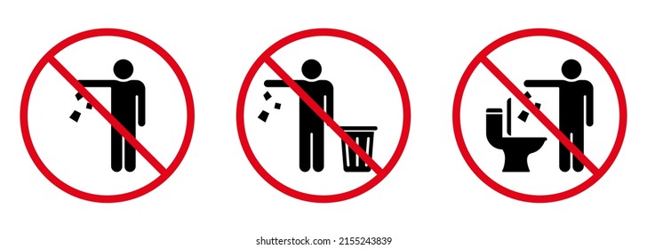 Do Not Throw Trash in Toilet Sign Silhouette Icon. Forbidden Throw Rubbish, Waste, Garbage Symbol. Warning Please Drop Litter in Bin Icon. Keep Clean Glyph Pictogram. Isolated Vector Illustration.