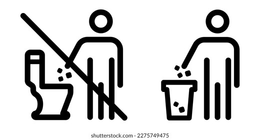 Do not throw trash in toilet, throw garbage in bin. Vector line no toilet littering icon. Please do not litter in toilet, drop litter in trash can. Editable stroke. Keep clean sign.