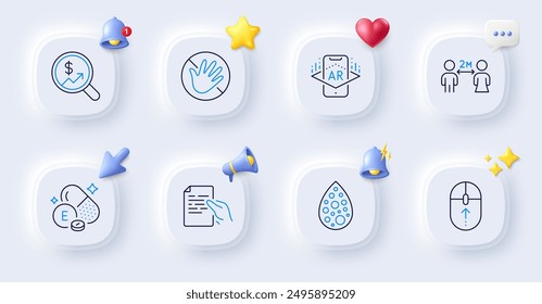 Do not touch, Augmented reality and Swipe up line icons. Buttons with 3d bell, chat speech, cursor. Pack of Social distancing, Hold document, Artificial colors icon. Vector