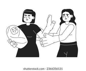 Do not touch baby monochrome concept vector spot illustration. Stop stranger. Asian woman protecting newborn 2D flat bw cartoon characters for web UI design. Isolated editable hand drawn hero image
