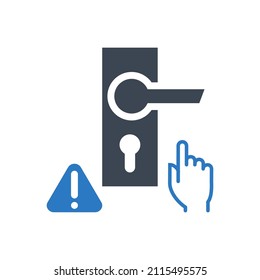 Do not touch door handle related vector glyph icon. Doorknob, hand and exclamation mark in triangle. Do not touch door sign. Isolated on white background. Editable vector illustration