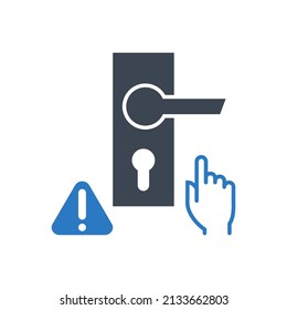 Berühren Sie nicht den Türgriff auf ein Vektorsymbol. Türknauf, Hand und Ausrufezeichen im Dreieck. Fass das Türschild nicht an! Einzeln auf weißem Hintergrund. Bearbeitbare Vektorgrafik