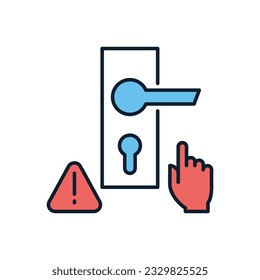 Berühren Sie nicht Türgriff mit Vektorsymbol. Türknauf, Hand und Ausrufezeichen im Dreieck. Fass das Türschild nicht an! Einzeln auf weißem Hintergrund. Bearbeitbare Vektorgrafik