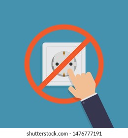 Do not touch electrical outlet, hand, electrical outlet, stop sign, with blue background flat design vector illustration