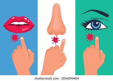 Do not touch eyes, nose and mouth. Sign prohibiting touching the face. Preventive for viral diseases. Vector illustration flat design. Isolated on white background. Poster safety instruction.