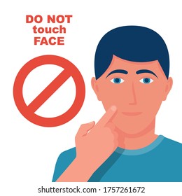 Do not touch face. Prohibitory red sign. Prevention of viral diseases and coronavirus. Vector illustration flat design. Isolated on white background. The finger touches the eyes of the mouth and nose.