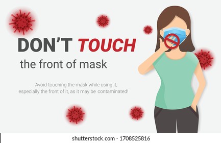 Do not touch the front of mask, Mask Virus outbreak prevention, Objects and medical supply waste management Coronavirus Covid 19, vector illustration.