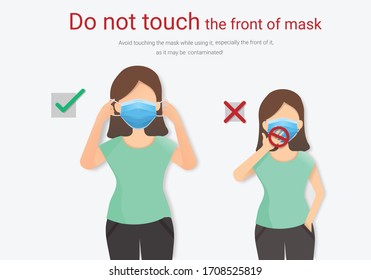 Do not touch the front of mask, Mask Virus outbreak prevention, Objects and medical supply waste management Coronavirus Covid 19, vector illustration.