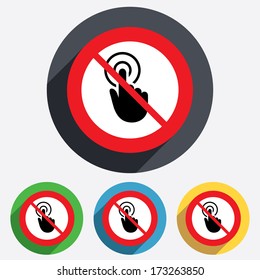 Do not touch. Hand cursor sign icon. Hand pointer symbol. Red circle prohibition sign. Stop flat symbol. Vector