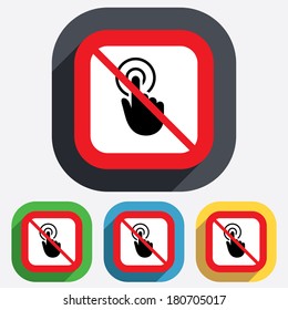 Do not touch. Hand cursor sign icon. Hand pointer symbol. Red square prohibition sign. Stop flat symbol. Vector