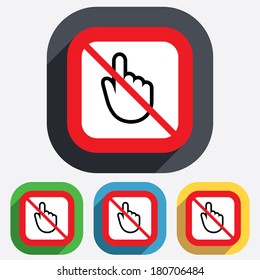 Do not touch. Hand cursor sign icon. Hand pointer symbol. Red square prohibition sign. Stop flat symbol. Vector