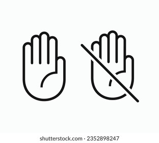 Do not touch hand icon. don't touch hand icon. lined logotype design element. User manual standard symbol. Crossed palm pictogram.